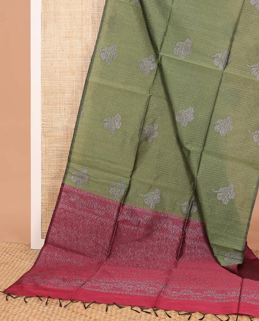 Borderless olive green zari stripes and buttas woven semi-silk cotton saree, contrast pallu of intricate designs