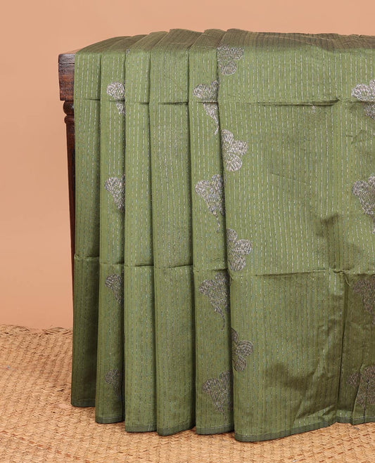 Borderless olive green zari stripes and buttas woven semi-silk cotton saree, contrast pallu of intricate designs