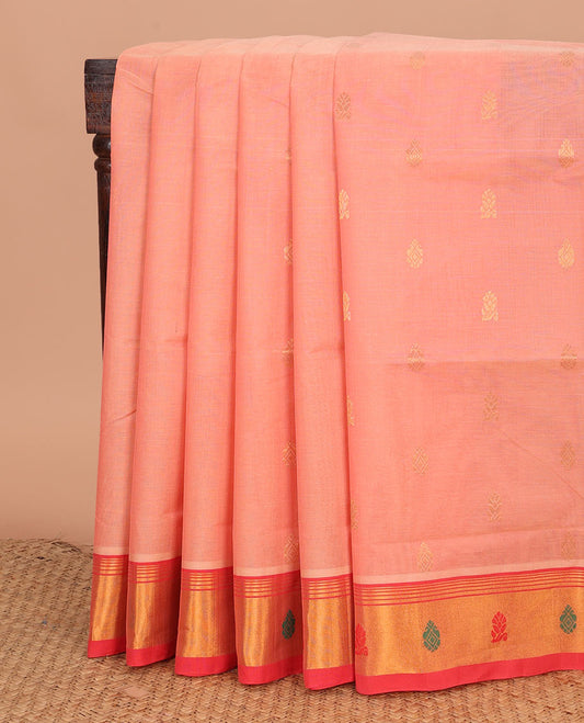 Peach zari buttas Venkatagiri cotton saree, contrast zari and thread border, and zari striped pallu