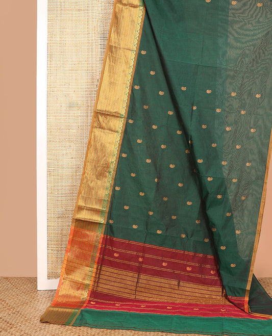 Green paisley buttas Venkatagiri cotton saree, contrast traditional zari design border, and zari striped pallu