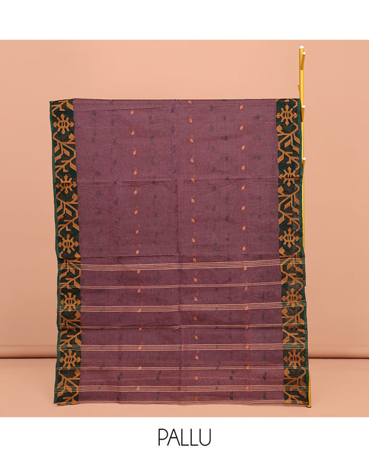 Brown Bengal Cotton Saree, Accentuated with Thread Buttas All Over Its Body, Complemented by a Contrast Jamdani-Style Floral Creeper Design Border, Pallu of Stripes, and Paired with a Matching Blouse