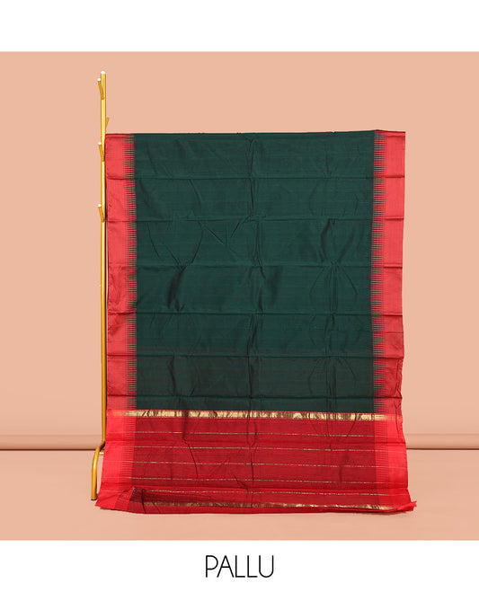 Green Semi-Silk Cotton Saree, Subtly Sparkled with Checks All Over Its Body, Complemented by a Contrast Border, Striped Pallu, and Paired with a Matching Blouse