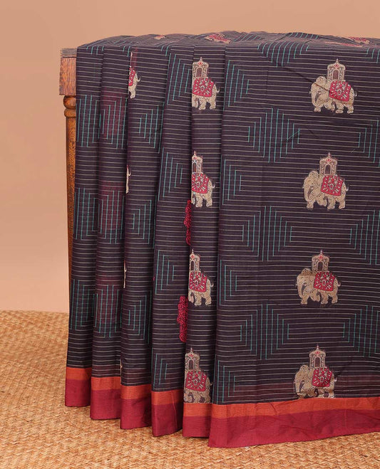 Brown geometric and animal motifs printed Coimbatore cotton saree, contrast border, and pallu of elephant, peacock and leaf motifs