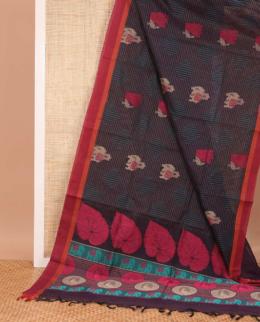 Brown geometric and animal motifs printed Coimbatore cotton saree, contrast border, and pallu of elephant, peacock and leaf motifs