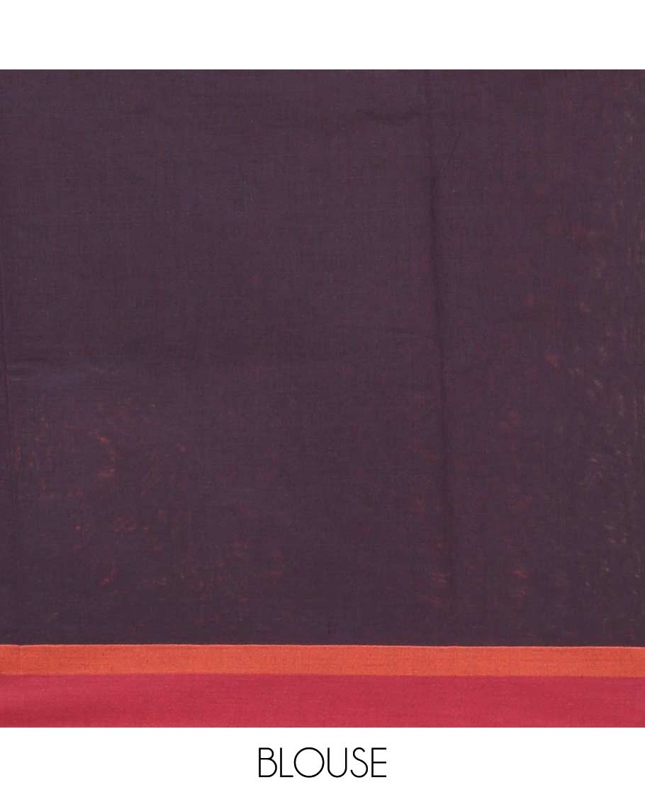 Brown geometric and animal motifs printed Coimbatore cotton saree, contrast border, and pallu of elephant, peacock and leaf motifs