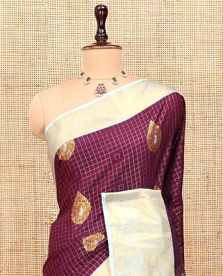 Purple Budget Silk Saree, Mesmerized with Zari Butta and Checks, Contrast Paisley Zari Border, Grand Pallu, and a Contrast Blouse