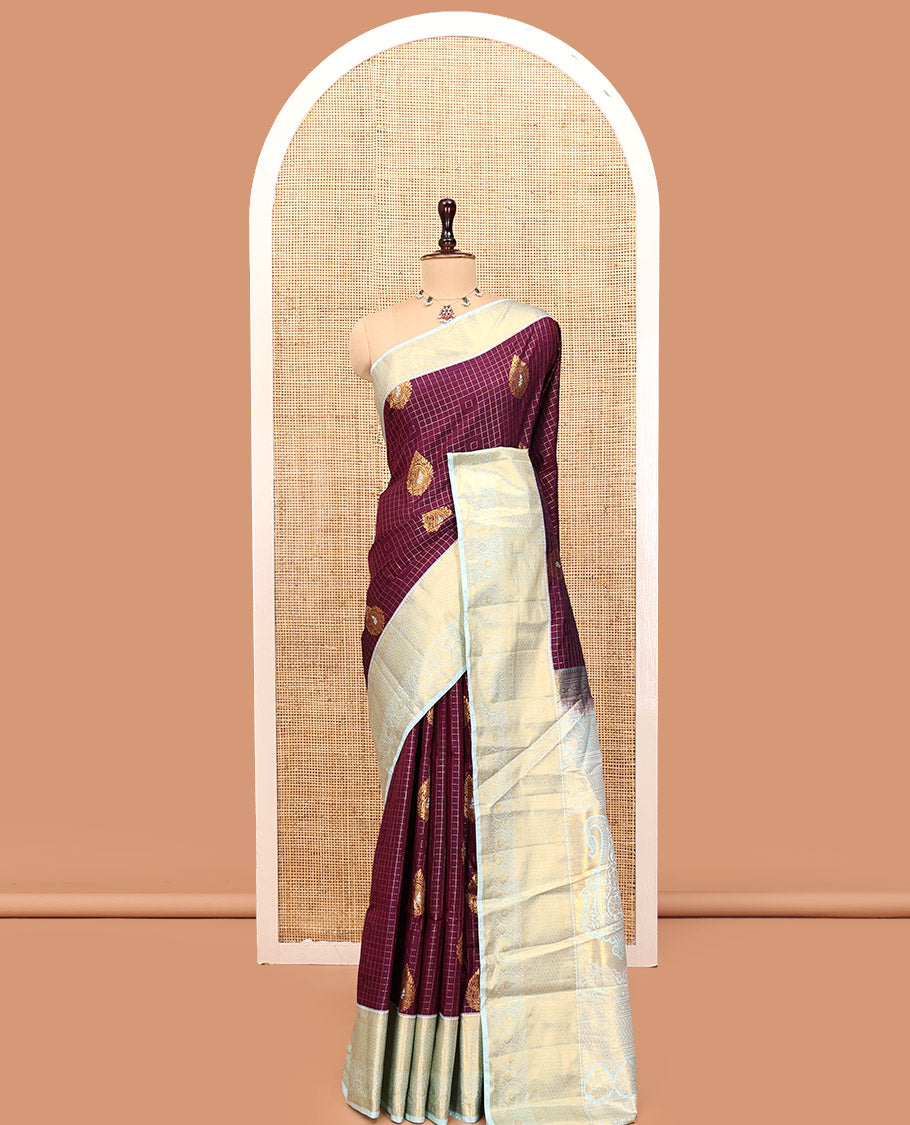 Purple Budget Silk Saree, Mesmerized with Zari Butta and Checks, Contrast Paisley Zari Border, Grand Pallu, and a Contrast Blouse
