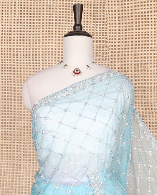 Blue jaal design kardana & sequins embroidered designer saree, scallop kardana & sequins embroidered border