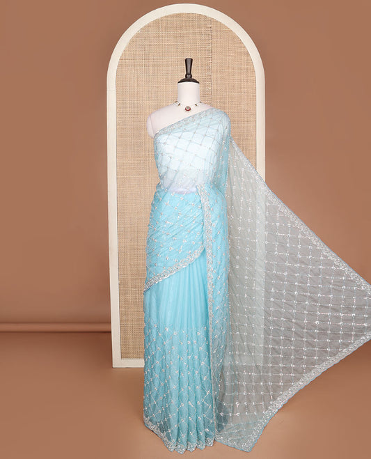Blue jaal design kardana & sequins embroidered designer saree, scallop kardana & sequins embroidered border