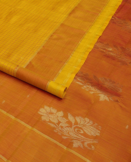 Yellow checked design, and zari buttas Kanchipuram silk saree, contrast zari butta border, and floral dsign pallu