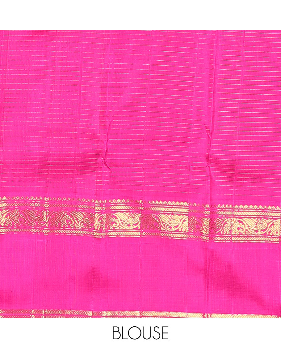 Blue zari checked Kanchipuram silk saree, contrast rettai pettu border of salngai, muthu, kathir, and kodi mayil and yaanai designs
