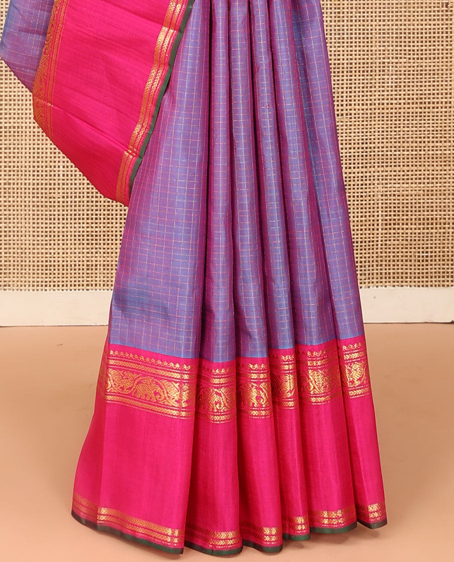 Blue zari checked Kanchipuram silk saree, contrast rettai pettu border of salngai, muthu, kathir, and kodi mayil and yaanai designs