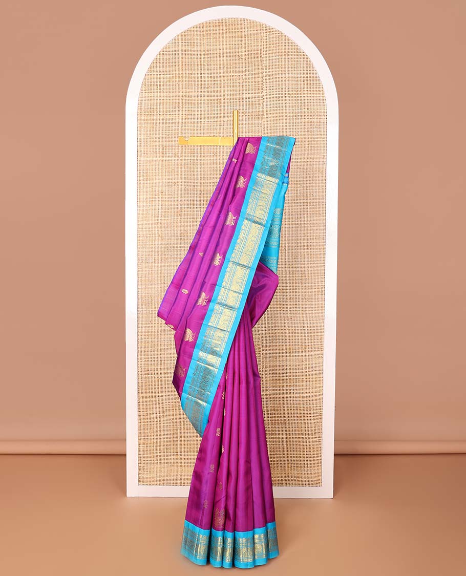 Purple buttas kancheepuram silk saree with contrast korvai border of manga, banaras design & intricate zari design pallu