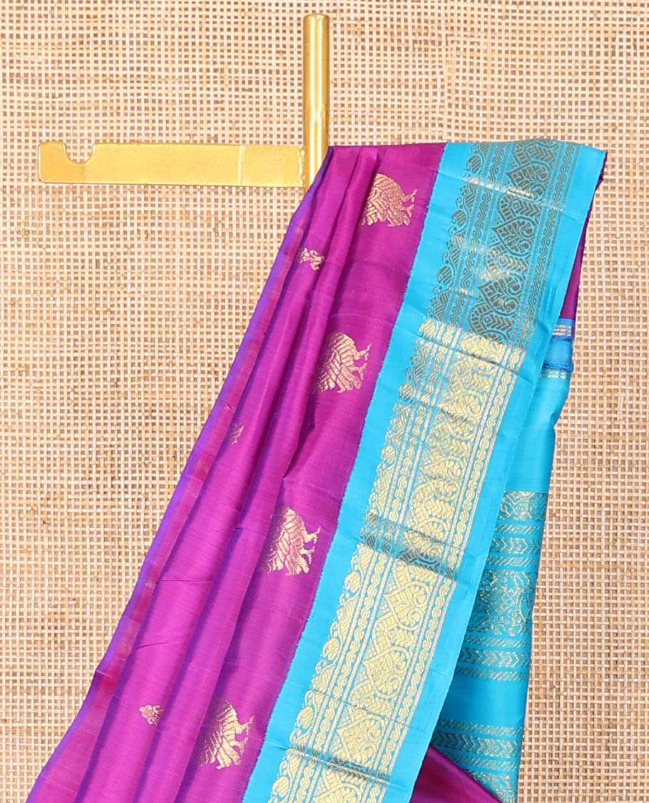Purple buttas kancheepuram silk saree with contrast korvai border of manga, banaras design & intricate zari design pallu