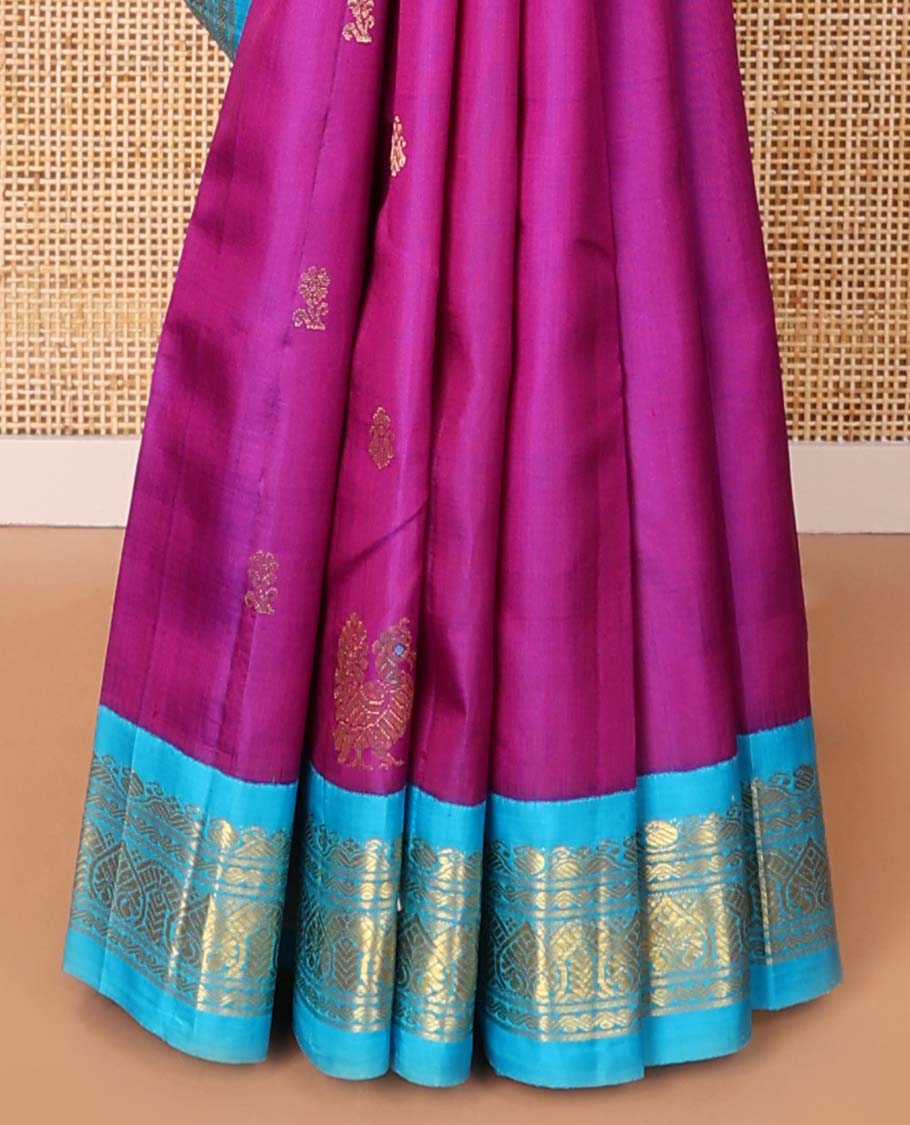 Purple buttas kancheepuram silk saree with contrast korvai border of manga, banaras design & intricate zari design pallu