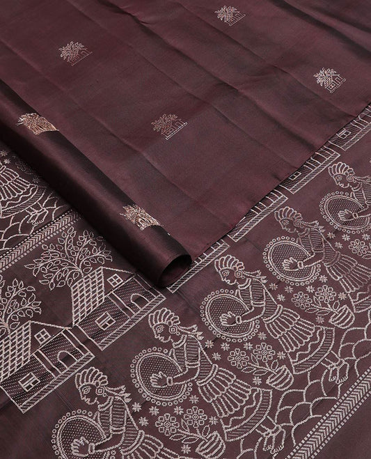 Borderless brown house-like zari buttas soft silk saree, zari pallu of human, and house motifs in zari