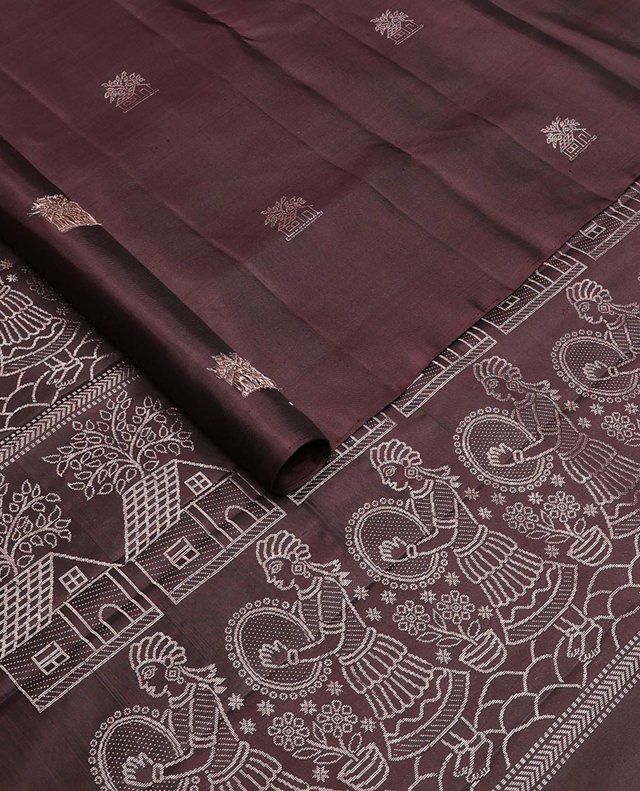 Borderless brown house-like zari buttas soft silk saree, zari pallu of human, and house motifs in zari