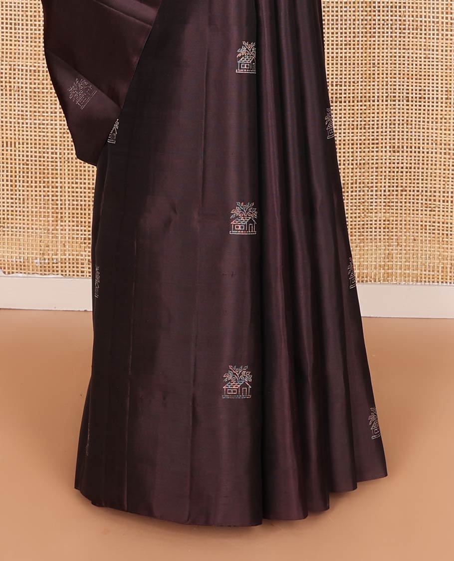 Borderless brown house-like zari buttas soft silk saree, zari pallu of human, and house motifs in zari