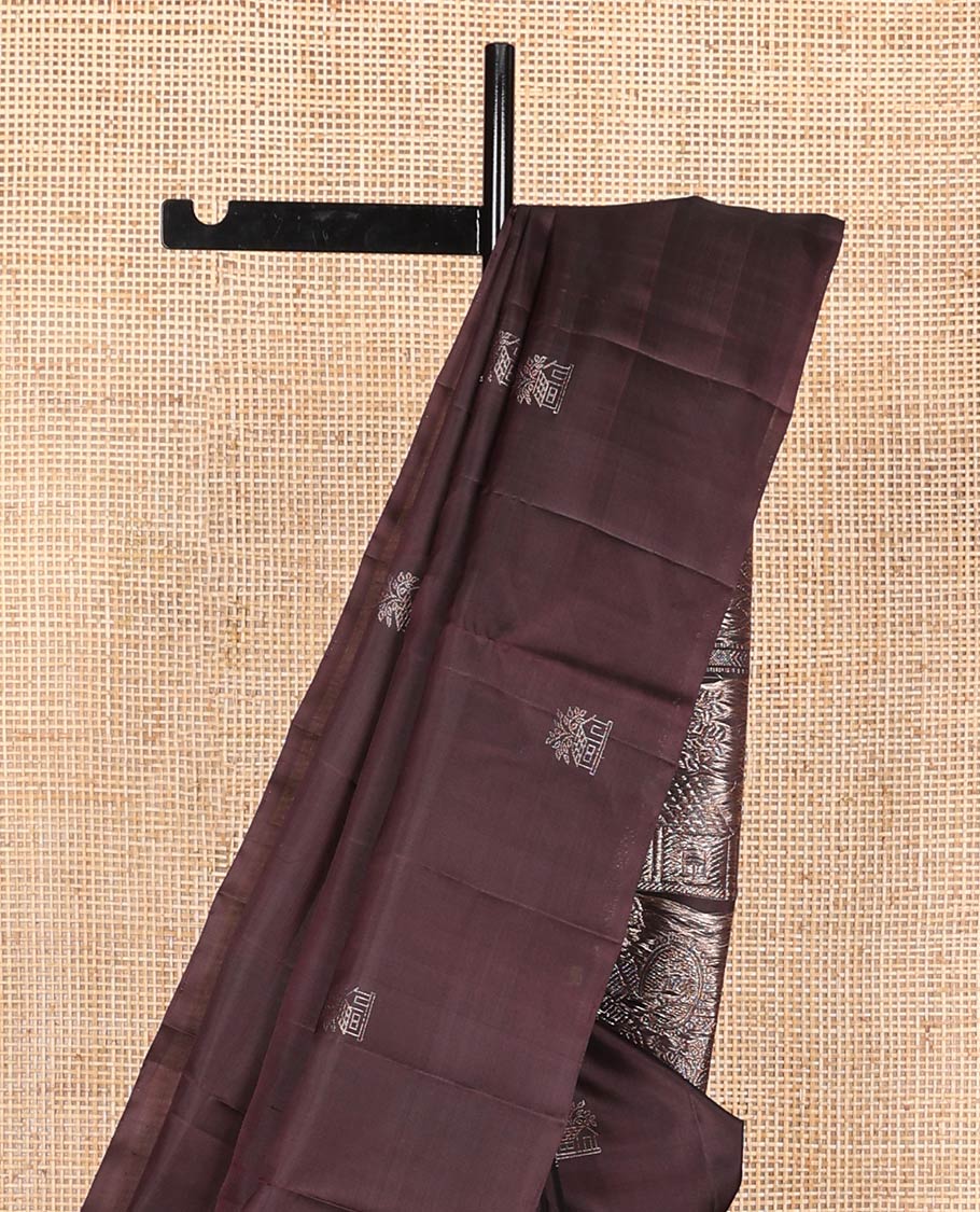 Borderless brown house-like zari buttas soft silk saree, zari pallu of human, and house motifs in zari