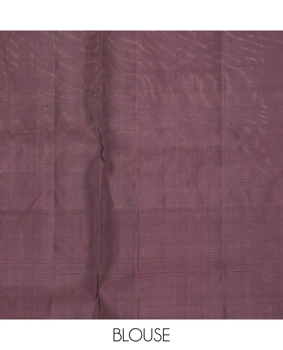 Borderless brown house-like zari buttas soft silk saree, zari pallu of human, and house motifs in zari