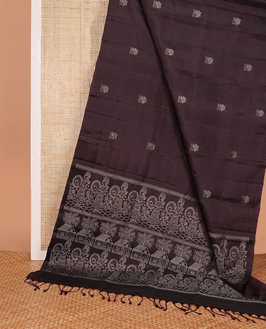 Borderless brown house-like zari buttas soft silk saree, zari pallu of human, and house motifs in zari