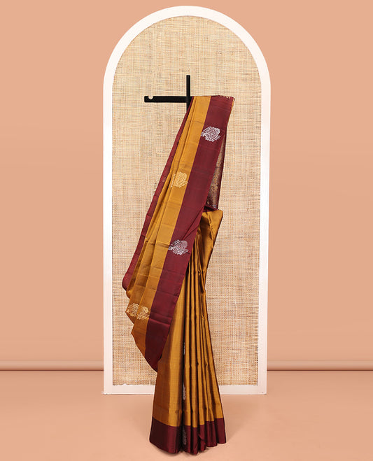 Yellow Mayuri Lite Silk Mix Saree, Adorned with Zari Buttas on Its Body, Complemented by a Contrast Border of Unique Designs, Geometric Patterns Pallu, and Paired with a Contrast Blouse