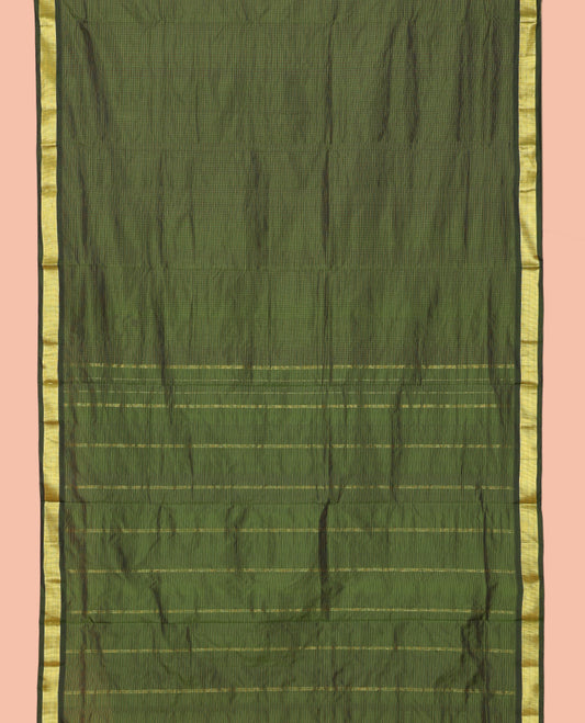 Green Checked Nine-Yard Saree, a Zari Border, Striped Pallu, and No Blouse