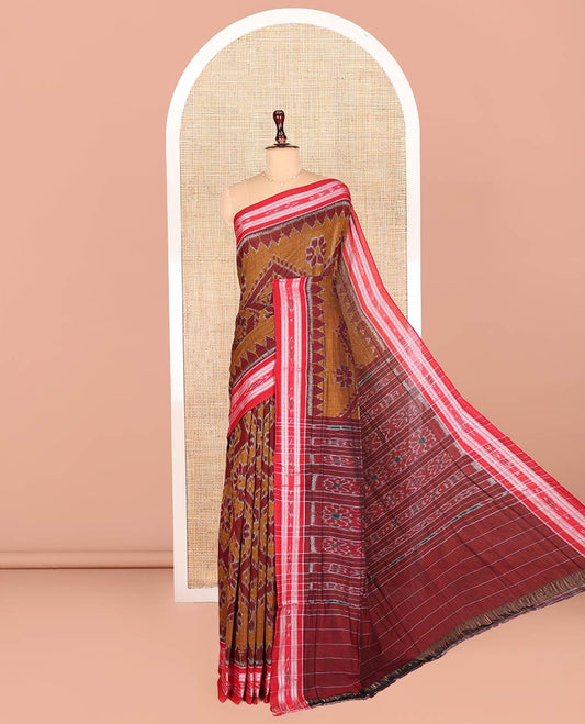 Brown Odisha Cotton Saree, Woven with Diamond-Floral Designs All Over the Body, Complemented by a Contrast Temple Border of Geometric Patterns, Pallu Features Floral Design in Hazily Weave, and Has No Blouse