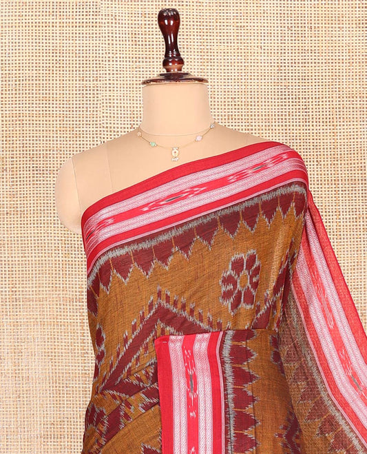 Brown Odisha Cotton Saree, Woven with Diamond-Floral Designs All Over the Body, Complemented by a Contrast Temple Border of Geometric Patterns, Pallu Features Floral Design in Hazily Weave, and Has No Blouse