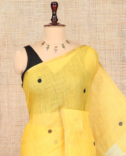 Borderless Yellow Linen Cotton Saree, Mesmerised with Polka Dots, a Contrast Checked Pallu, Contrast Blouse