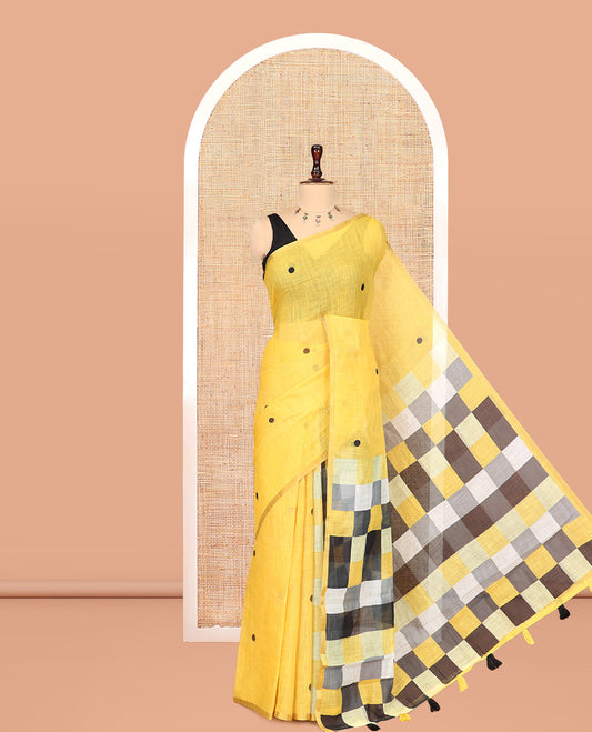 Borderless Yellow Linen Cotton Saree, Mesmerised with Polka Dots, a Contrast Checked Pallu, Contrast Blouse