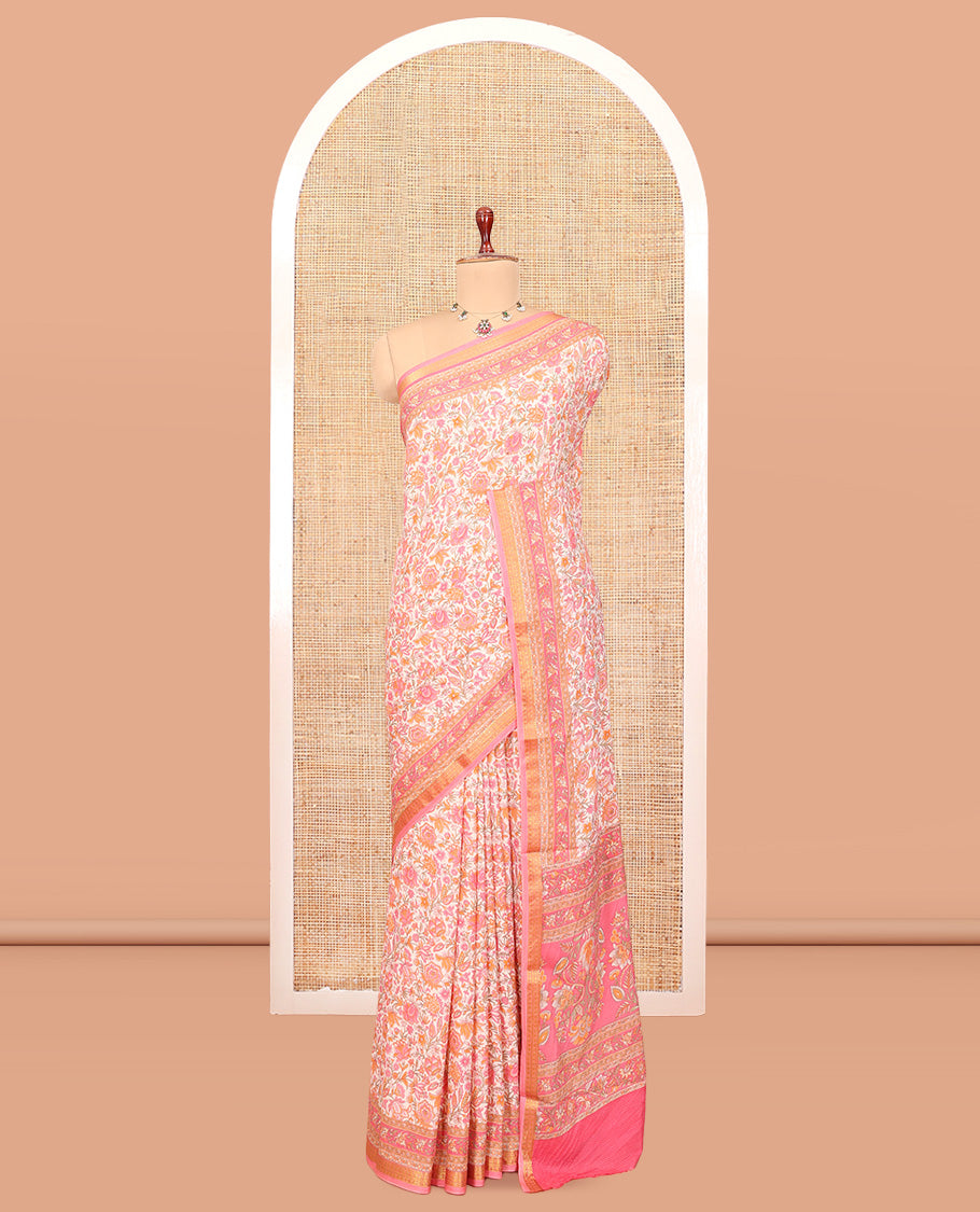 Pink Floral-Vine Printed Silk Saree, a Traditional Zari Border, Floral Pallu, a Matching Blouse
