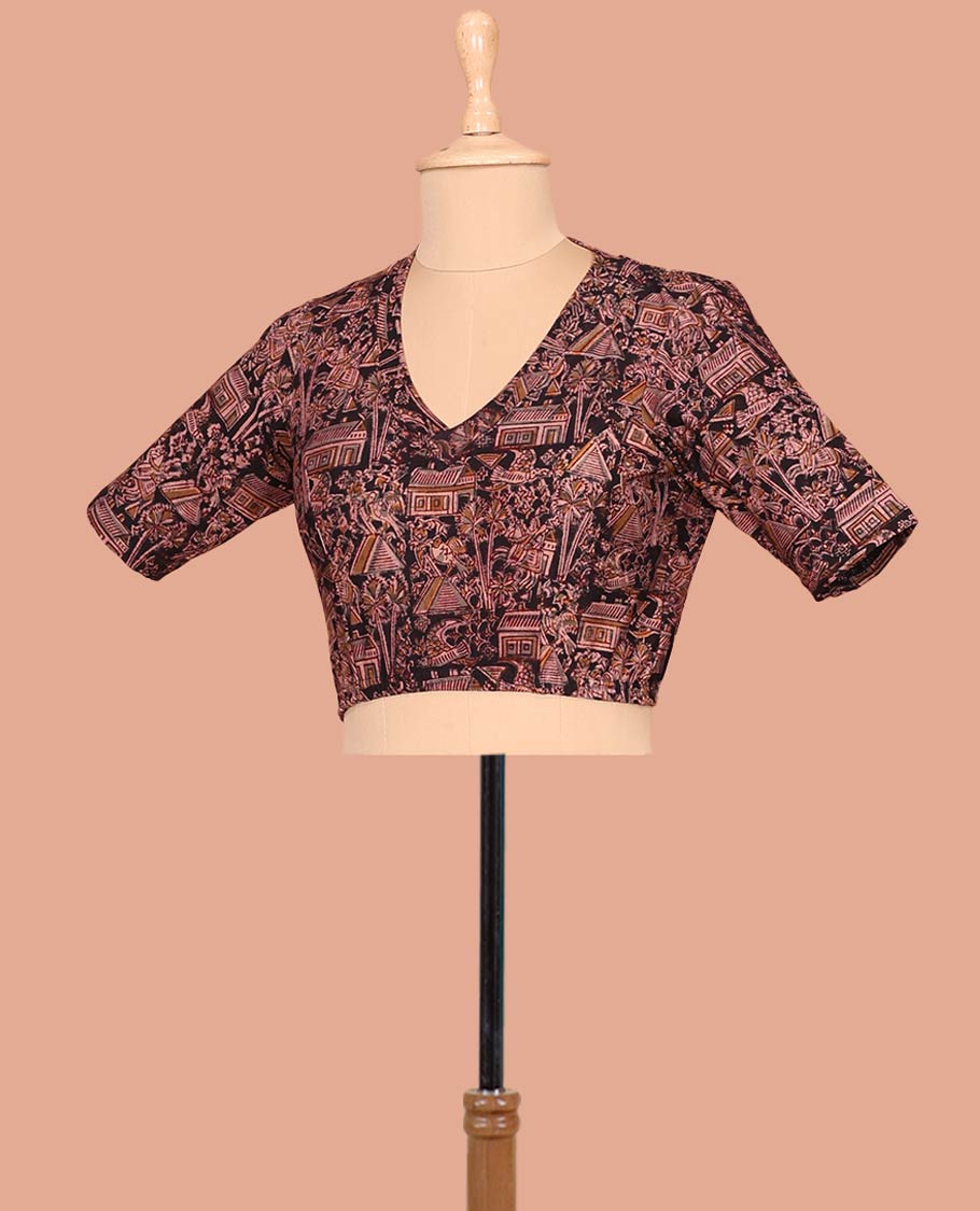 Black Cotton Readymade Blouse Subtly Sparked with All-Over Village Theme Print, Featuring a Front Leaf-Neck, a Closed Back Neck, and Elbow Sleeves