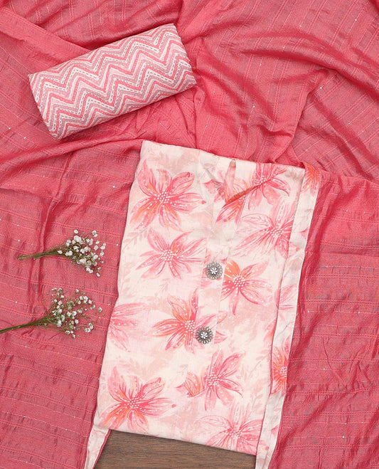Pink material churidar set, sunflower motifs printed with button stitched cotton top, contrast chevron printed cotton bottom, and textured chanderi dupatta of sequins stripes