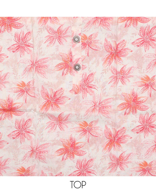 Pink material churidar set, sunflower motifs printed with button stitched cotton top, contrast chevron printed cotton bottom, and textured chanderi dupatta of sequins stripes