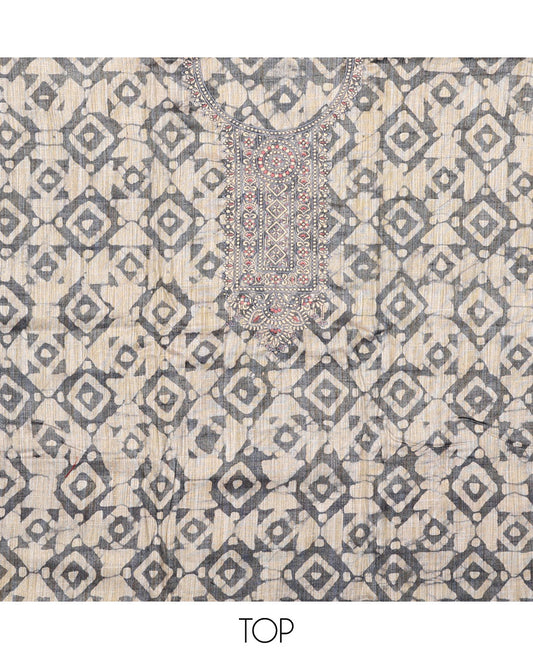 Grey material chudidar set, batik style printed with neck embroidered top, contrast plain bottom, and batik printed dupatta