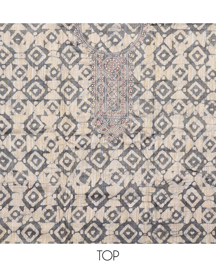 Grey material chudidar set, batik style printed with neck embroidered top, contrast plain bottom, and batik printed dupatta