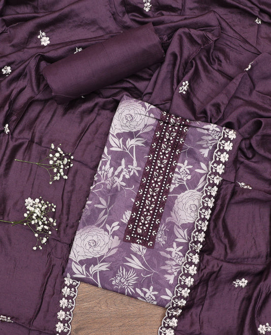Violet Material Chudidar Set, Prettified with Floral Print and Embroidery on Cotton Top, a Plain Bottom, and Paired with a Floral Embroidered Scallop Dupatta