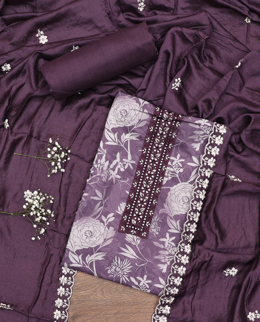Violet Material Chudidar Set, Prettified with Floral Print and Embroidery on Cotton Top, a Plain Bottom, and Paired with a Floral Embroidered Scallop Dupatta