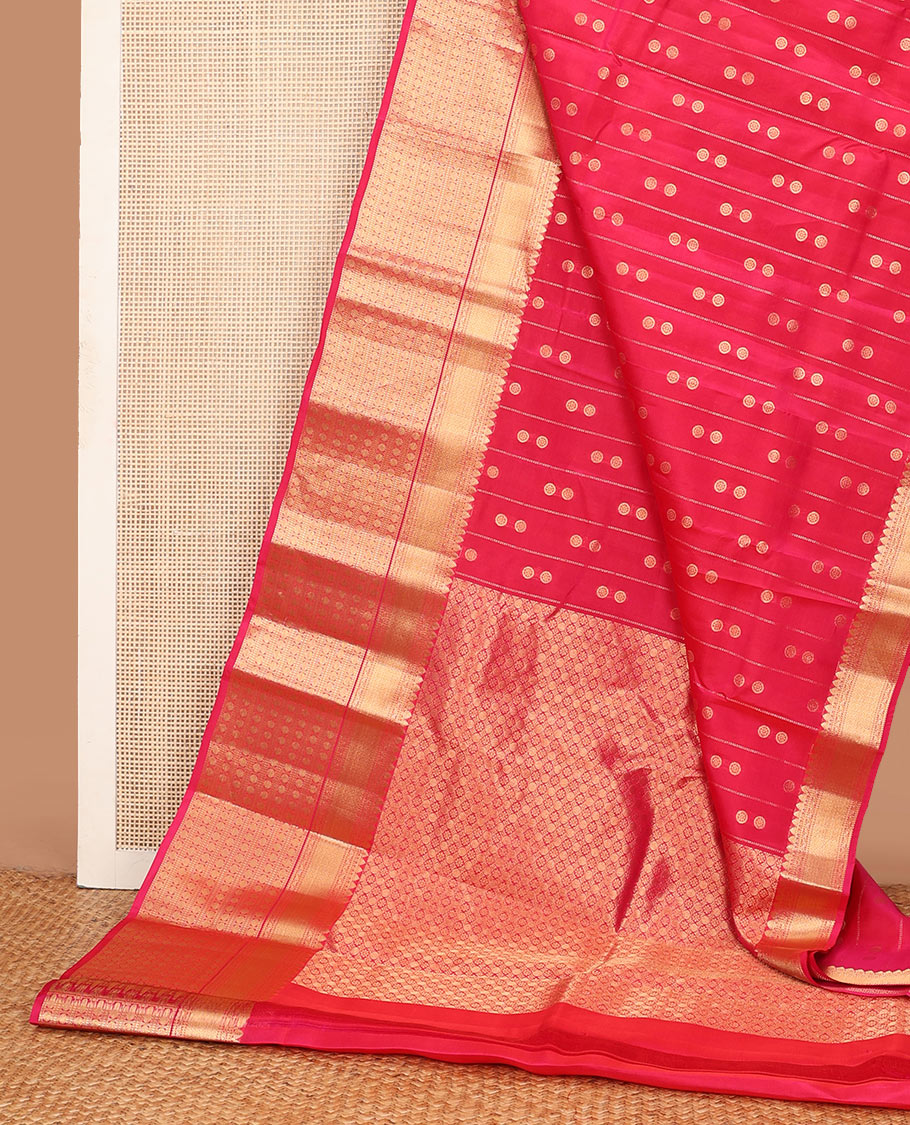 Pink chakram motifs & zari striped Vasundhara silk mix saree, zari border of thilakam mokku,kodi visiry,Muthu & rudraksham motifs & chakarm motifs  pallu