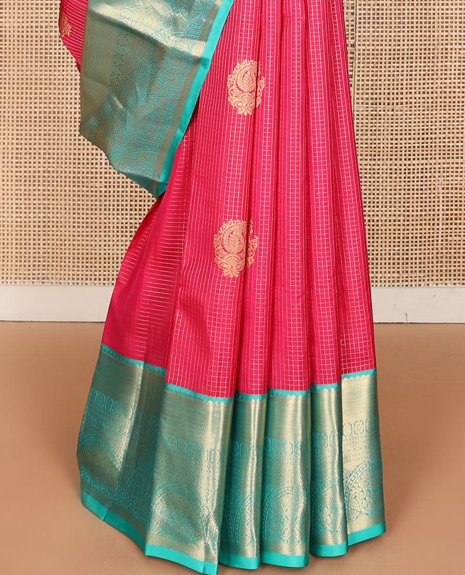Pink zari design vasundhara silk mix saree, contrast border of paisa,kamalam,rettai neli,lavangam & mayil design & jaal pallu