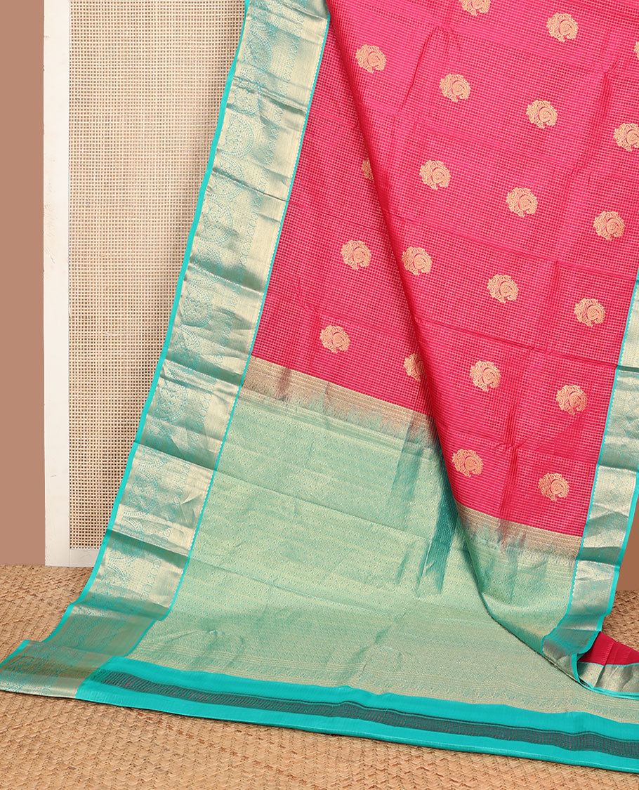 Pink zari design vasundhara silk mix saree, contrast border of paisa,kamalam,rettai neli,lavangam & mayil design & jaal pallu