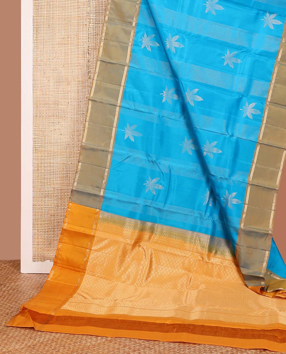 Blue zari design Vasundhara silk mix saree, contrast rettai pettu zari design border, and contrast intricate pallu