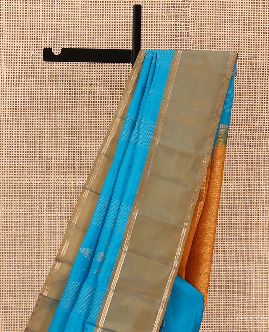Blue zari design Vasundhara silk mix saree, contrast rettai pettu zari design border, and contrast intricate pallu