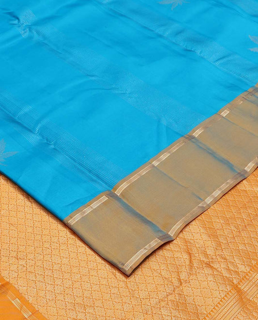 Blue zari design Vasundhara silk mix saree, contrast rettai pettu zari design border, and contrast intricate pallu