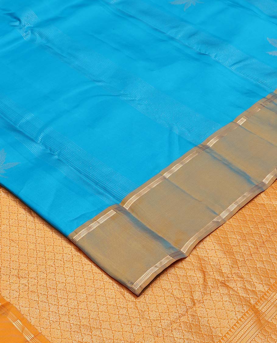 Blue zari design Vasundhara silk mix saree, contrast rettai pettu zari design border, and contrast intricate pallu