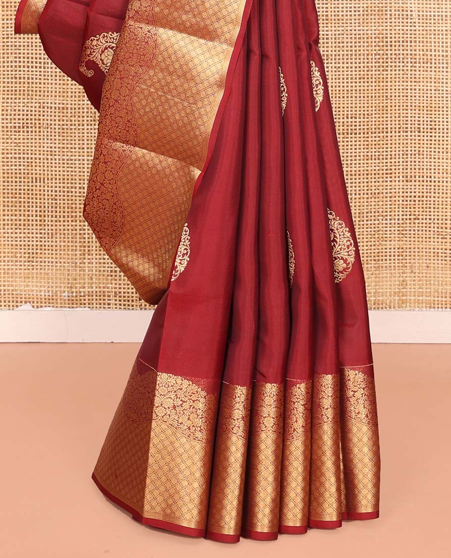 Red Vasundhara Lite Silk Mix Saree, Detailed with Zari Buttas All Over Its Body, Highlighted by a Zari Border of Floral and Jaal Designs, Pallu Steeped with Chevron Stripes, and Paired with a Matching Blouse