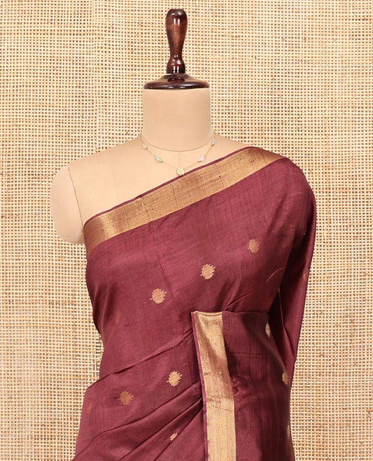 Maroon Banana Pith Saree, Sparsely Woven with Buttas All Over Its Body, Subtle Self-Border, Pallu Steeped with Stripes, and Paired with a Matching Blouse