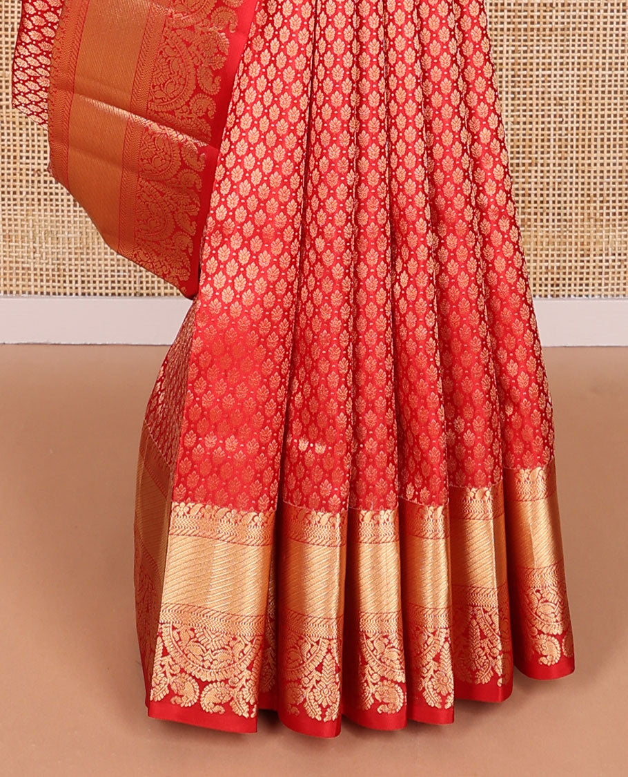 Red jacquard kancheepuram silk saree with self border of intricate zari design & floral design pallu