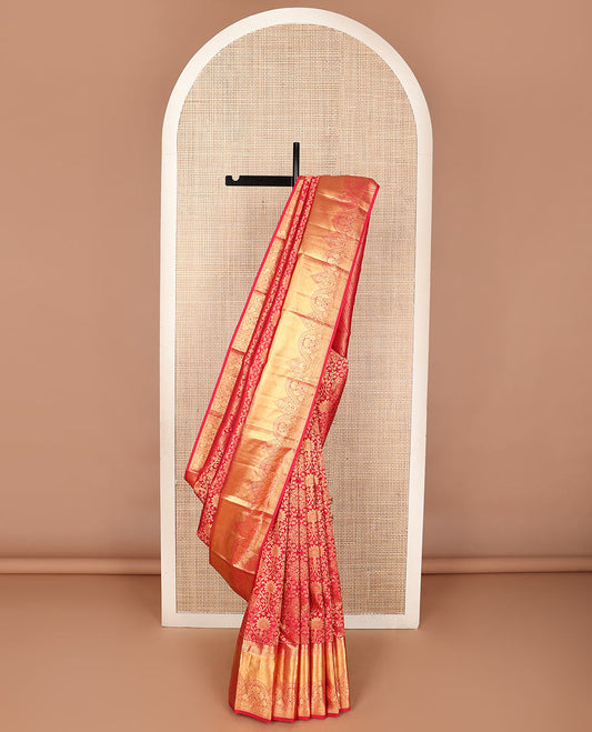 Red jacquard wedding silk saree, geometric design pallu & zari border of rekku,muthu & kamalam designs